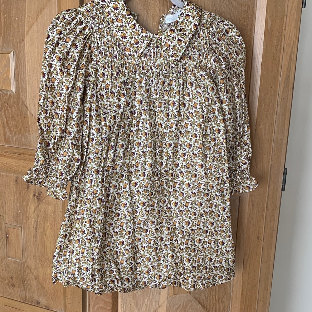 Zara Floral Smocked Kids Dress - Yellow and Brown